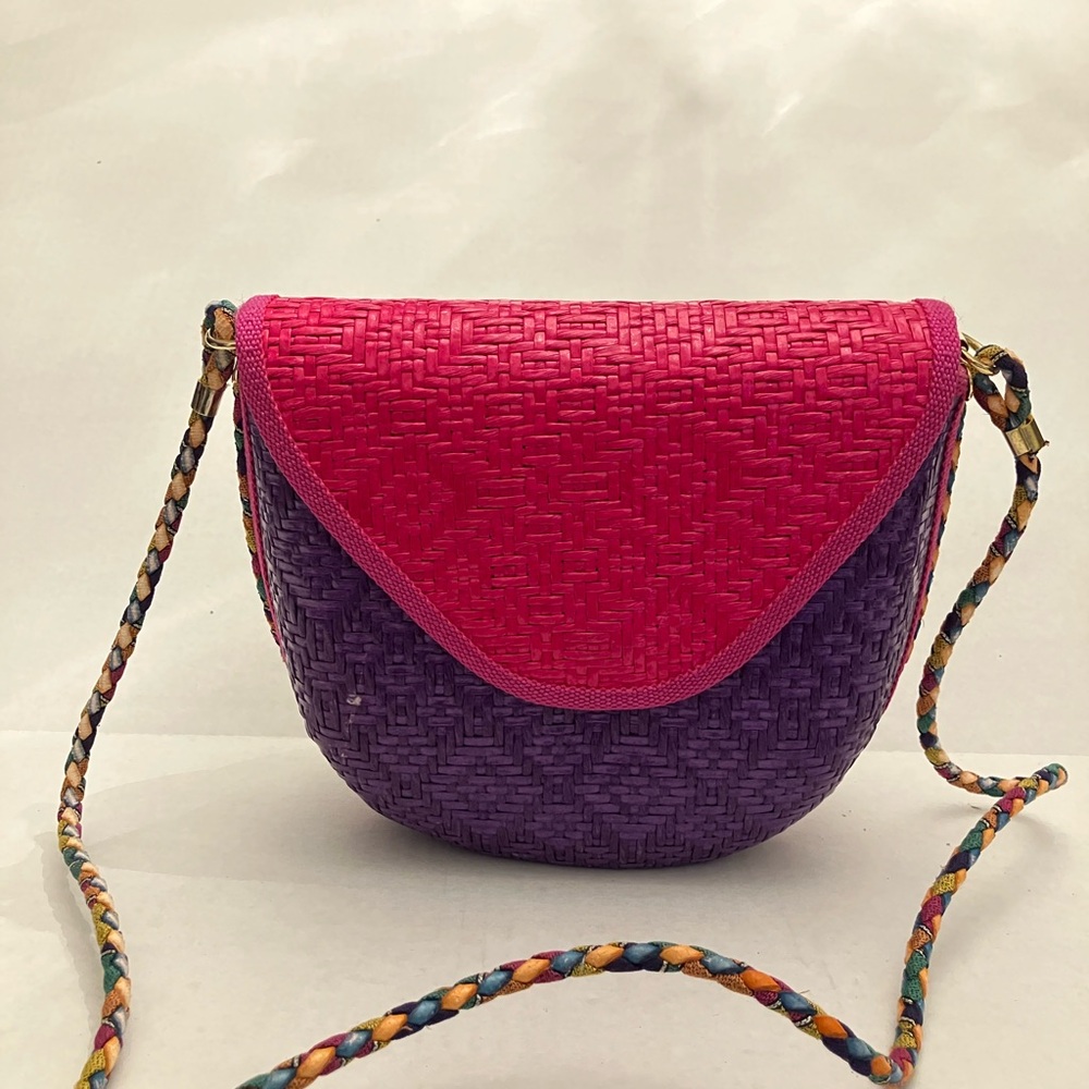 Pink purple and green Italian straw shoulder bag